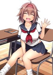 Rule 34 | 1girl, absurdres, bag, black sailor collar, black skirt, blush, book, breasts, brown hair, chair, closed eyes, collarbone, desk, facing viewer, feet out of frame, floor, hair between eyes, hairband, highres, kantai collection, kuromayu, large breasts, neckerchief, open mouth, pleated skirt, red hairband, red neckerchief, sailor collar, school bag, school chair, school desk, school uniform, serafuku, shiratsuyu (kancolle), short hair, short sleeves, sitting, skirt, smile, socks, solo, textless version, white socks