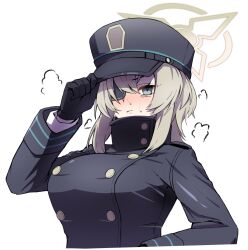 Rule 34 | 1girl, black gloves, black hat, blue archive, blush, breasts, buttons, closed mouth, double-breasted, eyepatch, gloves, grey eyes, halo, hat, kirigakure (iroiro tsukauyo), large breasts, light brown hair, long sleeves, looking at viewer, medium hair, peaked cap, simple background, solo, suou (blue archive), upper body, white background, yellow halo