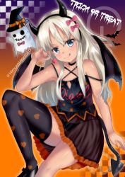 Rule 34 | 1girl, absurdres, asymmetrical legwear, bare shoulders, black footwear, black thighhighs, blonde hair, blue eyes, bow, candy, cross-laced clothes, fake horns, fake tail, fake wings, food, ghost, grecale (kancolle), hair between eyes, hair bow, halloween, hat, highres, himura moritaka, holding, holding candy, holding food, holding lollipop, horns, kantai collection, lollipop, long hair, looking at viewer, official alternate costume, pink bow, see-through, see-through skirt, skirt, solo, strap slip, tail, thighhighs, tongue, tongue out, trick or treat, very long hair, wings, witch hat