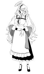 Rule 34 | 1girl, akane (blue archive), apron, blue archive, breasts, closed eyes, closed mouth, dress, eyelashes, frilled apron, frilled dress, frills, full body, glasses, gloves, greyscale, hair between eyes, halo, highres, kawatiw, large breasts, long hair, long sleeves, maid, maid headdress, monochrome, shawl, simple background, solo, standing, very long hair