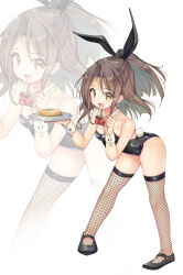 Rule 34 | 1girl, absurdres, alternate costume, animal ears, black footwear, black leotard, black thighhighs, blush, bow, bowtie, brown eyes, brown hair, commentary request, detached collar, fake animal ears, fake tail, fishnet thighhighs, fishnets, flat chest, food, full body, grey background, heart, highres, holding, holding tray, index finger raised, kantai collection, leaning forward, leotard, long hair, looking at viewer, omelet, open mouth, playboy bunny, ponytail, rabbit ears, rabbit tail, red bow, red bowtie, simple background, solo, standing, tail, tamagoyaki, thighhighs, tray, white background, wrist cuffs, yashin (yasinz), zoom layer, zuihou (kancolle)