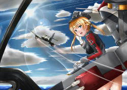 Rule 34 | 10s, 1girl, aircraft, airplane, blonde hair, blue eyes, blush, butter curry, cross, gloves, grey hat, hat, iron cross, kantai collection, looking at viewer, me 262, parted lips, prinz eugen (kancolle), short hair, short twintails, solo, teeth, twintails, white gloves
