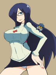 Rule 34 | 1girl, alternate eye color, alternate hair color, armband, bespectacled, black egrets, blue eyes, blue hair, breasts, covered erect nipples, covered navel, cross, glasses, hair over one eye, hand on own hip, impossible clothes, inverted cross, large breasts, lips, long hair, looking at viewer, matching hair/eyes, miniskirt, nail polish, panties, pantyshot, parasoul (skullgirls), semi-rimless eyewear, simple background, skirt, skullgirls, smile, solo, standing, sweater, taut clothes, under-rim eyewear, underwear, upskirt, usg ishimura, white panties