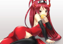 Rule 34 | 10s, 1girl, arm support, black thighhighs, bow, dress, food, halloween, highres, long hair, mahou shoujo madoka magica, mahou shoujo madoka magica (anime), mouth hold, ponytail, red eyes, red hair, rin2008, sakura kyoko, solo, spikes, thighhighs