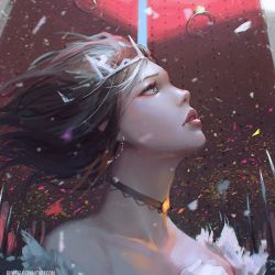 Rule 34 | 1girl, artist name, blue eyes, brown hair, building, confetti, floating hair, gate, guweiz, looking up, original, outdoors, parade, parted lips, pink lips, polearm, solo, solo focus, spear, tiara, watermark, weapon, web address, wind
