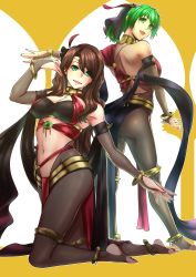 Rule 34 | 2girls, :d, absurdres, aduti momoyama, anklet, ass, back, bare shoulders, barefoot, black legwear, black shawl, bracelet, breasts, bridal gauntlets, bridal legwear, brown hair, circlet, cleavage, commentary request, dorothea arnault, feet, female focus, fire emblem, fire emblem: genealogy of the holy war, fire emblem: three houses, fire emblem heroes, full body, gold choker, green eyes, green hair, hair between eyes, hand up, highres, jewelry, kneeling, large breasts, lene (fire emblem), long hair, looking at viewer, matching hair/eyes, midriff, multiple girls, navel, nintendo, official alternate costume, open mouth, outstretched arm, pantyhose, parted bangs, ponytail, red shawl, shawl, sidelocks, smile, standing, swept bangs, toes, underbust, white background
