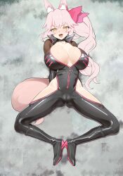 Rule 34 | 1girl, absurdres, animal ear fluff, animal ears, arms behind back, bar censor, black bodysuit, blush, bodysuit, boots, bow, breasts, breasts apart, breasts out, cameltoe, censored, choker, commentary request, fang, fate/grand order, fate (series), fox ears, fox girl, fox tail, hair between eyes, hair bow, high heel boots, high heels, highres, hip vent, knee boots, koyanskaya (assassin) (first ascension) (fate), koyanskaya (fate), kunabishi, large breasts, long hair, lying, nipples, on back, open mouth, pink bow, pink fur, pink hair, ponytail, pussy, rolling eyes, sidelocks, smile, solo, spread legs, tail, tamamo (fate), tongue, torn clothes, translation request, yellow eyes