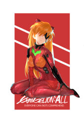 Rule 34 | 1girl, absurdres, arm support, artist request, blue eyes, bodysuit, breasts, brown hair, evangelion: 3.0 you can (not) redo, expressionless, eyepatch, faceless, full body, hairpods, highres, interface headset, long hair, medium breasts, neon genesis evangelion, plugsuit, rebuild of evangelion, red bodysuit, shiny clothes, simple background, sitting, solo, souryuu asuka langley, title, two side up, very long hair, wide hips