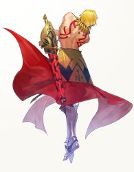 Rule 34 | 1boy, armor, armored boots, back, body markings, boots, contrapposto, fate/stay night, fate (series), from behind, full body, gilgamesh (fate), gold armor, grey background, jewelry, male focus, necklace, topless male, simple background, solo, standing