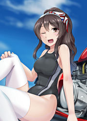 Rule 34 | 10s, 1girl, ;d, alternate hairstyle, ashigara (kancolle), black hair, black one-piece swimsuit, brown eyes, competition swimsuit, day, hassen (8cm), kantai collection, long hair, looking at viewer, motor vehicle, motorcycle, one-piece swimsuit, one eye closed, open mouth, ponytail, sitting, smile, solo, swimsuit, thighhighs, white thighhighs