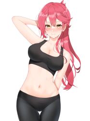 Rule 34 | 1girl, absurdres, arm behind back, arm up, bare arms, bare shoulders, black pants, blush, breasts, cleavage, closed mouth, commission, cowboy shot, eiyuu densetsu, falcom, futon fly away, highres, large breasts, long hair, midriff, navel, pants, pink hair, pixiv commission, sara valestein, sen no kiseki, simple background, smole, solo, sports bra, standing, sweat, thigh gap, white background, yellow eyes