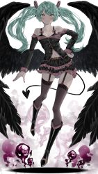 Rule 34 | 1girl, aqua eyes, aqua hair, bare shoulders, black bra, black feathers, black footwear, black shirt, black skirt, black thighhighs, black wings, blouse, blush, boots, bra, butterfly hair ornament, collarbone, contrapposto, demon tail, feathered wings, feathers, frilled skirt, frills, frown, full body, garter straps, hair ornament, hand on own hip, hatsune miku, highres, honey whip (module), knee boots, layered skirt, long hair, miniskirt, off-shoulder shirt, off shoulder, project diva (series), shirt, shirubaa, skirt, solo, standing, tail, thighhighs, twintails, underwear, vocaloid, wings