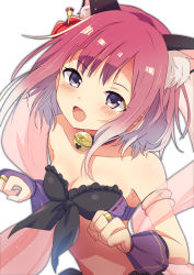Rule 34 | 1girl, :d, absurdres, aen, animal ear fluff, animal ears, bare shoulders, bell, bikini, breasts, bridal gauntlets, cat ears, cat girl, cleavage, fang, highres, jingle bell, looking at viewer, open mouth, pink hair, princess connect!, purple eyes, short hair, simple background, small breasts, smile, solo, swimsuit, tail, tamaki (princess connect!), tamaki (summer) (princess connect!), white background