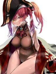 Rule 34 | bare shoulders, black leotard, blush, breasts, covered erect nipples, halterneck, hat, highres, hololive, houshou marine, jacket, jacket partially removed, large breasts, leotard, licking lips, looking at viewer, multicolored eyes, naughty face, navel, osechi (pixiv56606477), pirate, pirate hat, red eyes, red hair, sitting, skin tight, skindentation, sweat, sweatdrop, thick thighs, thigh gap, thighs, tongue, tongue out, virtual youtuber, yellow eyes
