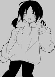 Rule 34 | 1girl, black hair, black pantyhose, grey background, greyscale, hair bobbles, hair ornament, highres, hood, hood down, hoodie, inabakumori, jitome, kaai yuki, monochrome, open mouth, pantyhose, relayouter (vocaloid), samel 2, short twintails, simple background, sleeves past wrists, smile, solo, twintails, v, vocaloid