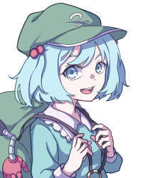 Rule 34 | 1girl, absurdres, backpack, bag, blue eyes, blue hair, eyebrows hidden by hair, flat cap, green bag, green hat, hair bobbles, hair ornament, hat, highres, kame (kamepan44231), kawashiro nitori, long sleeves, looking at viewer, mechanical arms, one-hour drawing challenge, open mouth, short hair, simple background, smile, solo, touhou, twintails, upper body, white background