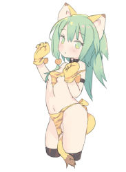 Rule 34 | 1girl, animal ears, animal hands, animal print, armband, black thighhighs, blade (galaxist), breasts, cham cham, collar, contrapposto, cropped legs, gloves, green eyes, green hair, highleg, loincloth, long hair, navel, paw gloves, paw pose, samurai spirits, simple background, small breasts, snk, solo, standing, swimsuit, tail, thighhighs, tiger ears, tiger print, tiger tail, white background
