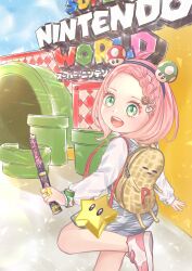 Rule 34 | 1girl, ahoge, alternate hairstyle, anya (spy x family), backpack, bag, braid, child, commentary request, green eyes, hair ornament, hairclip, highres, holding, holding wand, kirara (k43mf), knee up, long sleeves, looking at viewer, medium hair, open mouth, pink footwear, pink hair, shirt, shoes, smile, sneakers, solo, spy x family, super mushroom, super nintendo world, super star (mario), teeth, upper teeth only, wand, white shirt