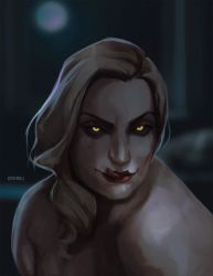 Rule 34 | alex wesker, blonde hair, estherkelldraws, highres, licking lips, long hair, looking at viewer, nude, red lips, resident evil, resident evil: revelations 2, runny makeup, tongue, tongue out, yellow eyes