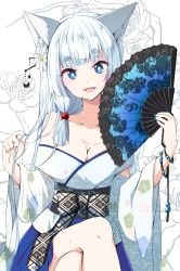 Rule 34 | 1girl, animal ear fluff, animal ears, blue eyes, blue nails, blue skirt, blunt bangs, blush, breasts, cleavage, commentary request, crossed legs, fingernails, floral background, floral print, flower, folding fan, hair flower, hair ornament, hand fan, hands up, head tilt, highres, holding, holding fan, japanese clothes, kimono, long hair, long sleeves, medium breasts, nail polish, off shoulder, original, personification, ragho no erika, reiwa, short eyebrows, silver hair, sitting, skirt, solo, thick eyebrows, very long hair, white background, white flower, white kimono, wide sleeves