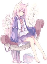 Rule 34 | 1girl, absurdres, animal ear fluff, animal ears, barefoot, blue jacket, blush, branch, chain, closed mouth, commentary, flower, highres, jacket, long hair, long sleeves, open clothes, open jacket, orb, original, pink eyes, pink hair, puffy long sleeves, puffy sleeves, purple skirt, shirt, simple background, sitting, skirt, sleeves past wrists, solo, symbol-only commentary, tsukiyo (skymint), very long hair, white background, white flower, white shirt