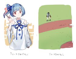 Rule 34 | 1girl, alternate hair length, alternate hairstyle, armpit crease, bare shoulders, baseball base, baseball glove, baseball stadium, baseball uniform, blue hair, border, closed mouth, commentary, cropped legs, detached sleeves, dress, flower knot, hair intakes, hair ribbon, hand up, highres, hitogome, kotonoha aoi, layered sleeves, light blush, long hair, long sleeves, looking at viewer, multiple views, nippon professional baseball, pants, pun, red eyes, ribbon, shirt, short hair, short over long sleeves, short sleeves, sidelocks, sleeveless, sleeveless dress, smile, sportswear, standing, translated, voiceroid, white border, white dress, white pants, white shirt, wide shot, wide sleeves, yomiuri giants