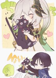 Rule 34 | 1boy, 1girl, absurdres, aomattya, biting, carrying, cheek biting, commentary request, genshin impact, green eyes, green hair, grey hair, highres, long hair, multicolored hair, nahida (genshin impact), scaramouche (cat) (genshin impact), scaramouche (genshin impact), short hair, surprised, tearing up, translation request, upper body