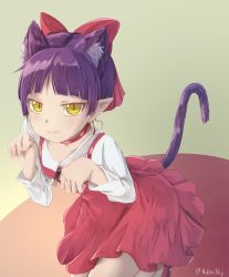 Rule 34 | 1girl, animal ears, blush, cat ears, cat girl, cat tail, closed mouth, collarbone, commentary request, dress, fang, fang out, fingernails, gegege no kitarou, hands up, highres, hikari niji, leaning forward, looking at viewer, nekomusume, paw pose, purple hair, red dress, red footwear, shirt, sleeveless, sleeveless dress, slit pupils, smile, solo, standing, standing on one leg, tail, twitter username, white shirt, yellow eyes