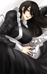 Rule 34 | 1girl, apron, black dress, black hair, black nails, dress, dutch angle, fingernails, highres, hoshi san 3, juliet sleeves, long dress, long sleeves, looking at viewer, lying, maid, maid apron, mole, mole under eye, mole under mouth, nail polish, on bed, on side, original, puffy sleeves, seductive smile, simple background, smile, solo, white apron, white background