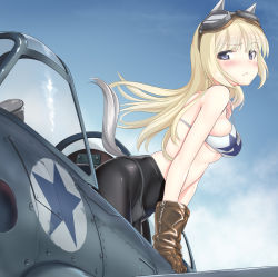 Rule 34 | 1girl, :&lt;, a9b (louis814), absurdres, aircraft, airplane, animal ears, bare shoulders, bikini, bikini top only, black pantyhose, blonde hair, blue eyes, blue sky, blush, breasts, brown gloves, closed mouth, cloud, cockpit, day, gloves, goggles, goggles on head, highres, horse girl, leather, leather gloves, long hair, looking at viewer, looking to the side, marian e. carl, medium breasts, pale skin, panties, panties under pantyhose, pantyhose, print bikini, shiny clothes, sky, solo, star (symbol), star print, swimsuit, tail, underboob, underwear, white panties, wind, world witches series, zipper, zipper pull tab