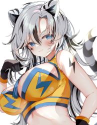 Rule 34 | 1girl, animal ears, bare arms, bare shoulders, black gloves, black hair, blue eyes, blush, breasts, closed mouth, crop top, facial mark, fangs, gloves, grey hair, impossible clothes, impossible shirt, indie virtual youtuber, kohaku ten, large breasts, long hair, looking at viewer, midriff, multicolored hair, niku (hamuchang), shirt, shoulder tattoo, simple background, skin fangs, slit pupils, smile, solo, streaked hair, tail, tattoo, tiger ears, tiger girl, tiger tail, virtual youtuber, white background