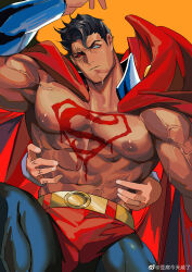 Rule 34 | 1boy, abs, absurdres, alternate skin color, arm up, bara, bodysuit, cape, clark kent, corruption, dark-skinned male, dark skin, dc comics, doufujintianxianle, hands on another&#039;s hips, head tilt, heterochromia, highres, large areolae, large pectorals, male focus, mature male, mismatched sclera, muscular, muscular male, nipples, no shirt, pectorals, red cape, short hair, sideburns, solo focus, stomach, superman, superman (series), superman logo, sweat, thick eyebrows, thighs, veins, veiny arms, veiny crotch