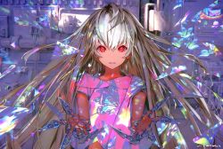 Rule 34 | 1girl, blonde hair, bug, butterfly, flower, highres, industrial pipe, insect, long hair, looking at viewer, original, outstretched hand, parted lips, red eyes, signature, solo, taiki (luster), third-party source