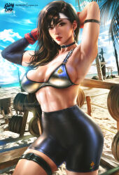 Rule 34 | 1girl, absurdres, arm strap, arms up, artist name, bike shorts, bikini, bikini top only, black choker, black hair, breasts, choker, day, final fantasy, final fantasy vii, final fantasy vii remake, gloves, highres, large breasts, lips, logan cure, long hair, looking at viewer, outdoors, paid reward available, red eyes, red gloves, solo, sweat, swimsuit, teardrop earrings, thigh strap, tifa lockhart, weights