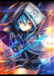 Rule 34 | 1girl, blue hair, blurry, blurry background, capelet, claws, closed mouth, cowboy shot, cube, dated, gia, highres, hood, hood up, hooded capelet, leotard, looking at viewer, mechanical arms, orange eyes, original, short hair, signature, solo