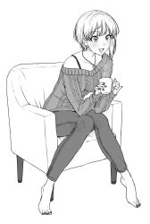 Rule 34 | 1girl, :d, barefoot, blue theme, chair, character request, copyright request, cup, earrings, feet, greyscale, heart, heart necklace, highres, holding, holding cup, jewelry, leaning forward, looking at viewer, monochrome, necklace, nigou, open mouth, pants, short hair, sitting, smile, solo, sweater, toes, two-handed