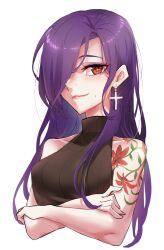 Rule 34 | 1girl, 9900 mai (vtuber), arm tattoo, bidortw, breasts, chinese commentary, commentary request, cropped torso, cross, cross earrings, crossed arms, earrings, flower tattoo, hair over one eye, highres, indie virtual youtuber, jewelry, long hair, medium breasts, mole beside mouth, multiple moles, red eyes, ribbed shirt, shirt, shoulder tattoo, single earring, sleeveless, sleeveless shirt, sleeveless turtleneck, smile, solo, tattoo, turtleneck, upper body, virtual youtuber