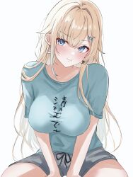 Rule 34 | 1girl, :t, absurdres, aizawa ema, akue, blonde hair, blue eyes, blue hair, blue shirt, blunt bangs, breasts, clothes writing, flower, gradient hair, grey shorts, hair flaps, hair flower, hair ornament, hairpin, head tilt, highres, large breasts, long hair, looking at viewer, multicolored hair, pout, shirt, short sleeves, shorts, simple background, sitting, solo, t-shirt, v arms, very long hair, virtual youtuber, vspo!, white background
