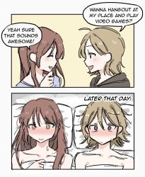 Rule 34 | 2girls, aftersex, bed sheet, blush, brown hair, closed eyes, closed mouth, ear blush, english text, female focus, highres, light brown hair, long hair, looking at another, lying, multiple girls, naked sheet, on back, original, parted lips, pillow, short hair, smile, snale, speech bubble, sweat, sweatdrop, under covers, yuri