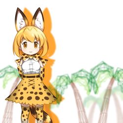 Rule 34 | 10s, 1girl, animal ears, arms behind back, bad id, bad nicoseiga id, belt, blonde hair, blurry, blurry background, bow, bowtie, elbow gloves, extra ears, gloves, high-waist skirt, highres, kemono friends, looking at viewer, palm tree, parody, print bow, print bowtie, print gloves, print neckwear, print skirt, print thighhighs, serval (kemono friends), serval print, serval tail, shirt, skirt, sleeveless, sleeveless shirt, solo, tail, thighhighs, tree, vostok (vostok061), yellow bow, yellow bowtie, yellow eyes, yellow gloves, yellow skirt, yellow thighhighs, zettai ryouiki