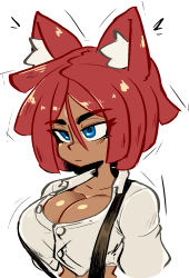 Rule 34 | 1girl, 2021, animal ear fluff, animal ears, ass, blue eyes, breasts, cat ears, cleavage, collared shirt, dark skin, giovanna (guilty gear), guilty gear, highres, large breasts, red eyes, shirt, short hair, short shorts, shorts, strap, tan, togosh, upper body, white background, white shirt