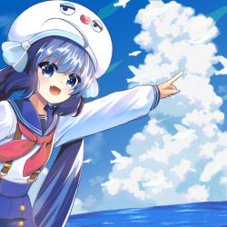 Rule 34 | 1girl, bird, blue collar, blue eyes, blue hair, blue skirt, cloud, collar, collared shirt, commentary, day, eel hat, fang, large hat, leaning forward, long hair, looking at viewer, mitsugushi yuu, neckerchief, ocean, open mouth, otomachi una, outdoors, pointing, red neckerchief, sailor collar, school uniform, shirt, skin fang, skirt, smile, solo, suspender skirt, suspenders, twintails, upper body, very long hair, vocaloid, white bird, white headwear, white shirt