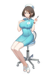 Rule 34 | 1girl, blue dress, blue eyes, breasts, brown hair, character request, commentary request, copyright request, dress, full body, green322, hair between eyes, hand over heart, hat, highres, holding, holding pen, looking at viewer, medium breasts, nurse, nurse cap, open mouth, pen, sandals, short hair, short sleeves, sitting, solo, teeth, upper teeth only, white legwear