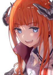 Rule 34 | 1girl, arknights, bagpipe (arknights), blue eyes, blunt bangs, close-up, collared shirt, ev (dai00888), highres, horns, jacket, looking back, open mouth, orange hair, shirt, sidelocks, simple background, solo, teeth, upper teeth only, white background, white jacket, white shirt