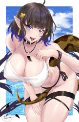 Rule 34 | 1girl, :d, absurdres, ahoge, arknights, bare shoulders, bent over, black choker, black hair, black panties, blue eyes, breasts, camisole, choker, cleavage, commentary request, cowboy shot, crop top, eunectes (arknights), eunectes (forgemaster) (arknights), highres, hollow mimikyu, large breasts, looking at viewer, midriff, official alternate costume, open mouth, panties, pointy ears, short hair, side-tie panties, smile, snake tail, solo, spaghetti strap, standing, tail, thigh strap, thighs, tongue, tongue out, underwear