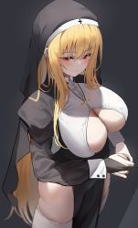 Rule 34 | 1girl, absurdres, blonde hair, blush, breast cutout, breasts, commentary, eyelashes, eyes visible through hair, female focus, highres, huge breasts, k pring, large breasts, long hair, looking at viewer, nun, original, red eyes, simple background, skindentation, solo, symbol-only commentary, thighhighs, thighs, white thighhighs