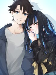 Rule 34 | 1boy, 1girl, absurdres, black eyes, black hair, black nails, blue eyes, blue hair, fate/grand order, fate (series), fujimaru ritsuka (male), highres, leaning on person, long hair, looking at viewer, multicolored hair, nail polish, simple background, tenochtitlan (fate), upper body, yt (63641217)