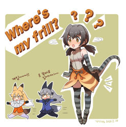 Rule 34 | 1koma, 3girls, ?, absurdres, animal ears, arms at sides, bare shoulders, black hair, blue jacket, bow, bowtie, capelet, comic, confused, dated, elbow gloves, english text, extra ears, ezo red fox (kemono friends), fox ears, fox tail, frilled lizard (kemono friends), full body, gloves, grey hair, hair intakes, highres, jacket, kemono friends, korean commentary, korean text, light brown hair, lizard tail, long hair, looking afar, looking at another, motion lines, multicolored hair, multiple girls, no pants, open mouth, orange eyes, orange jacket, outstretched arms, pantyhose, roonhee, running, shirt, shoes, sidelocks, silver fox (kemono friends), skirt, sleeveless, sleeveless shirt, spread arms, standing, stirrup legwear, tail, thighhighs, toeless legwear, translation request, turtleneck, twintails, two-tone hair, white hair, you&#039;re doing it wrong