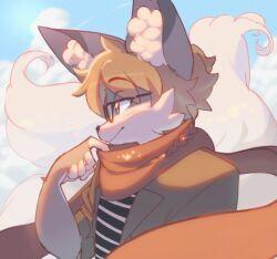 Rule 34 | 1boy, animal ear fluff, blonde hair, blue sky, borrowed character, brown coat, cloud, cloudy sky, coat, commentary, cudlil, english commentary, fox boy, furry, furry male, glasses, green eyes, highres, male focus, original, outdoors, scarf, shirt, sky, smile, solo, striped clothes, striped shirt