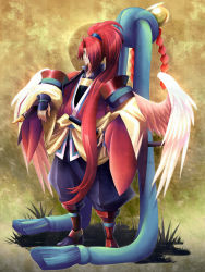 Rule 34 | 1boy, bad id, bad pixiv id, full body, highres, hira taira, katana, long hair, male focus, nature, outdoors, ponytail, red hair, sheath, sheathed, shide, solo, sword, very long hair, weapon, wings, yellow eyes